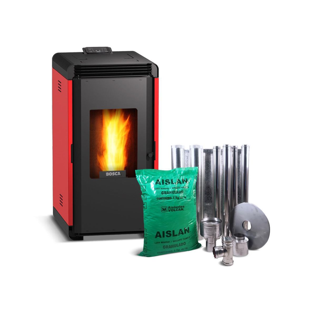 BOSCA - Estufa Pellet Hera Rojo/Kit Instalación Rojo
