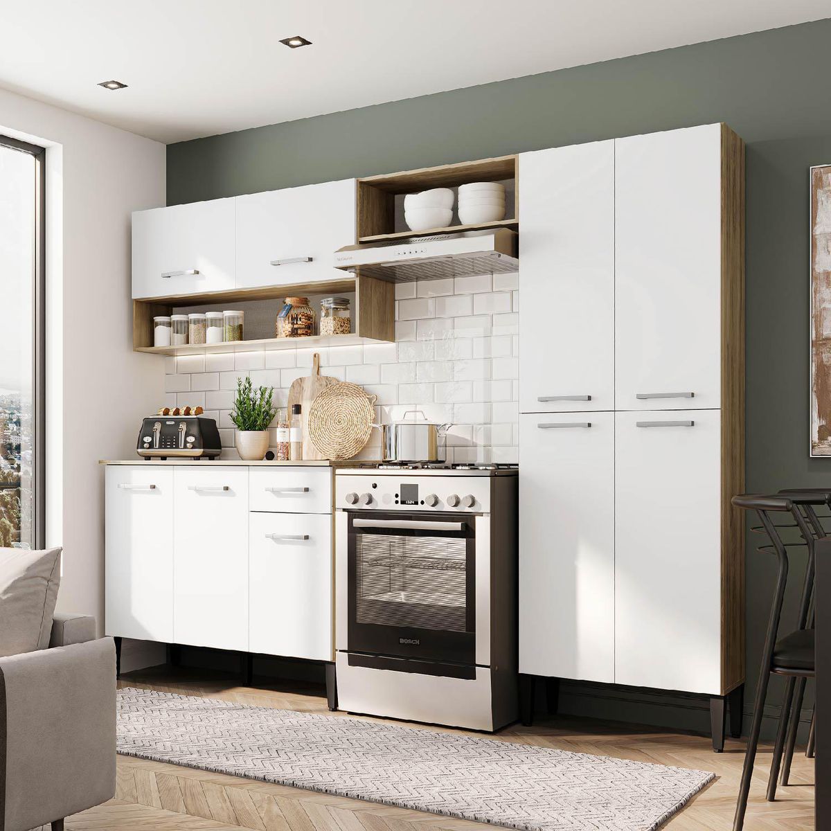 ROCA - Mueble De Cocina Arizona 4 Módulos Blanco-Oak