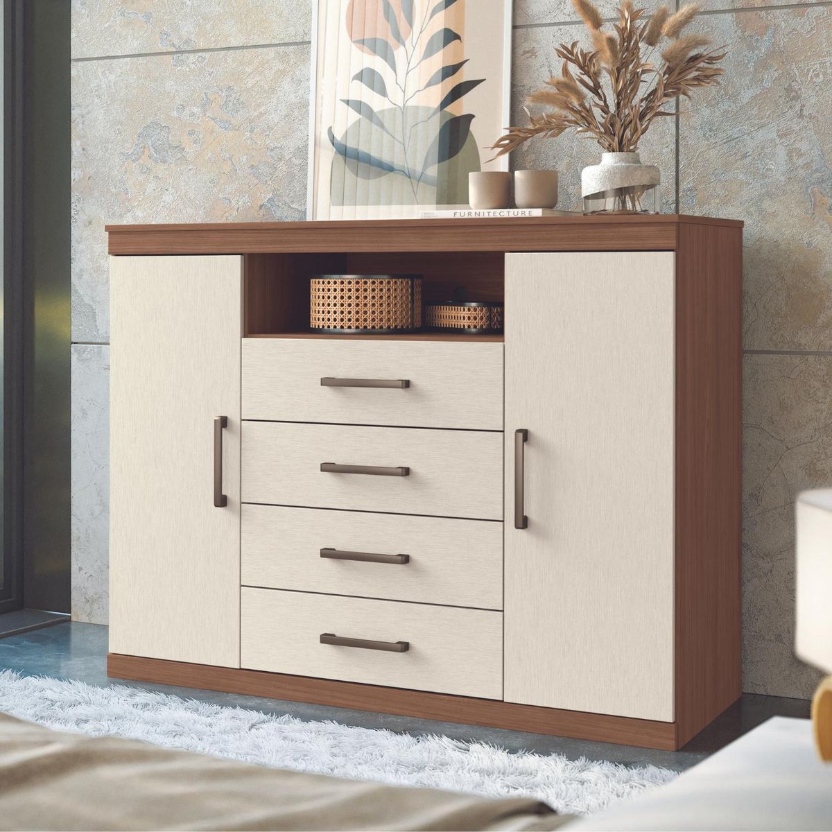 ONESSTA - Cómoda 2 Puertas 4 Cajón(es) Master 129x99x46.8 cm Café