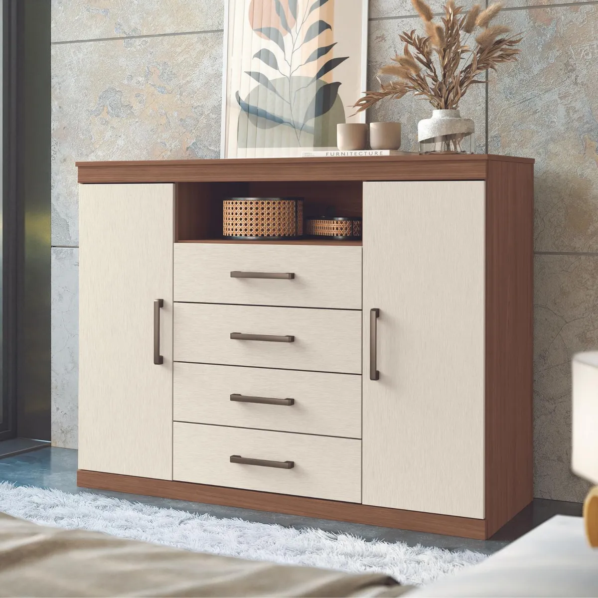 ONESSTA - Cómoda 2 Puertas 4 Cajón(es) Master 129x99x46.8 cm Café