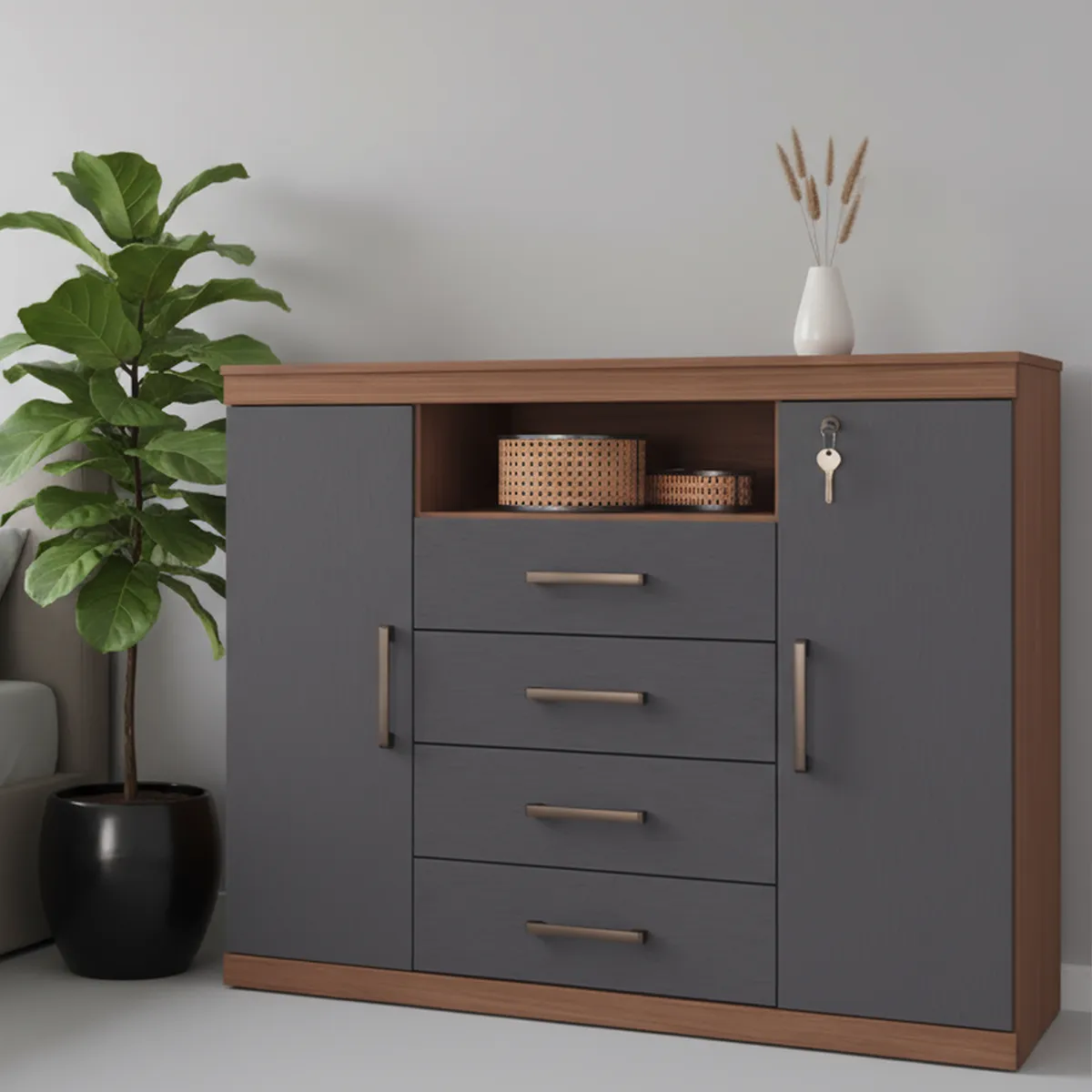 ONESSTA - Cómoda 2 Puertas 4 Cajón(es) Master 129x99x46.8 cm Grafito