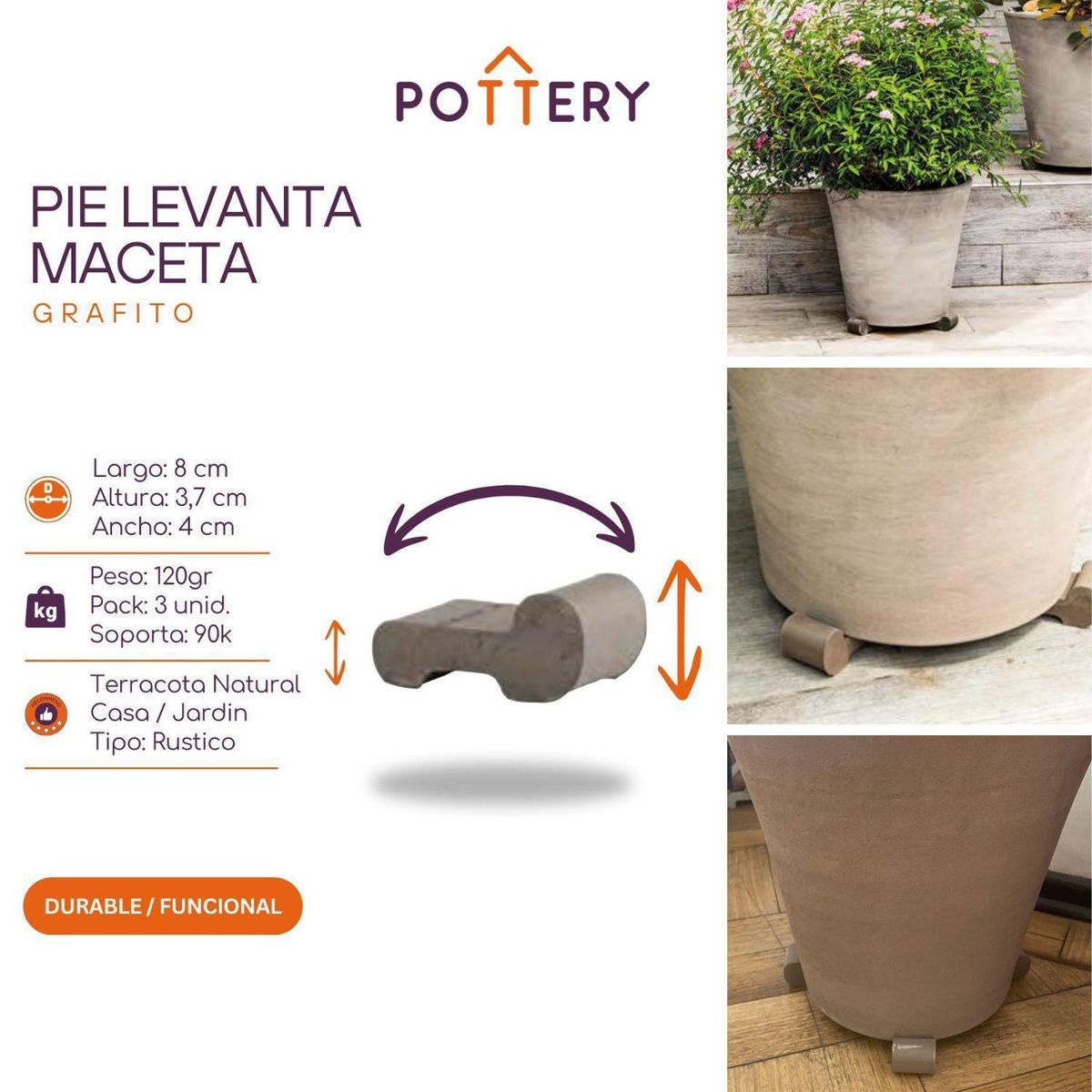 POTTERY - Pack 3 Pies para Macetas Liscio Grafito 4cm