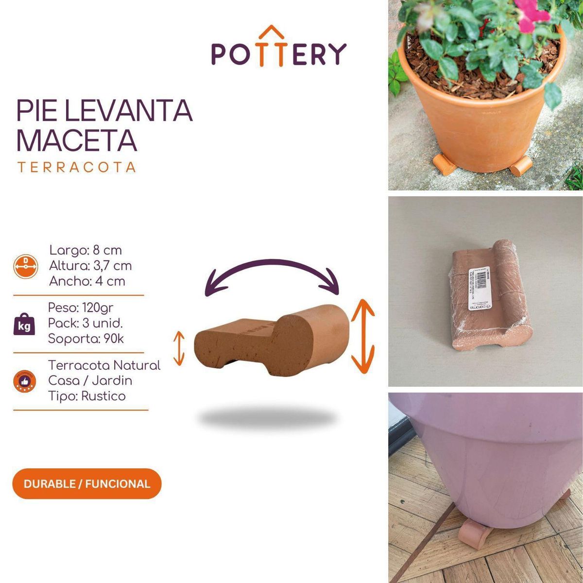 POTTERY - Pack 3 Pies para Macetas Liscio Terrarcilla 4cm