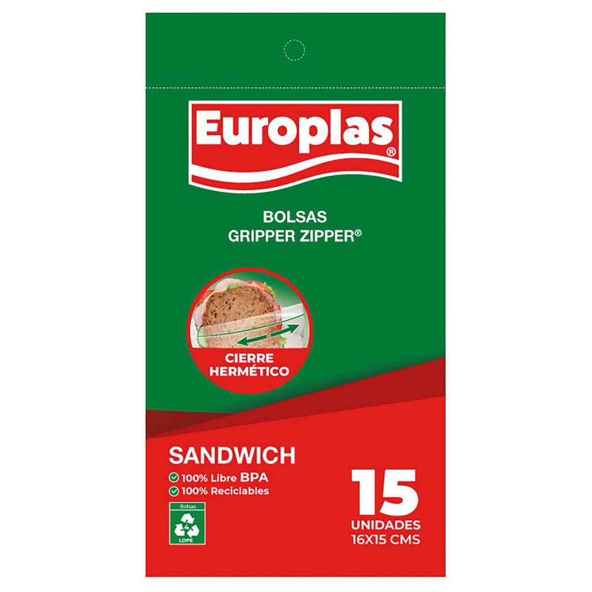 EUROPLAS - Bolsas Sandwich Europlas Gripper Zipper 500 Ml 15 Unidades