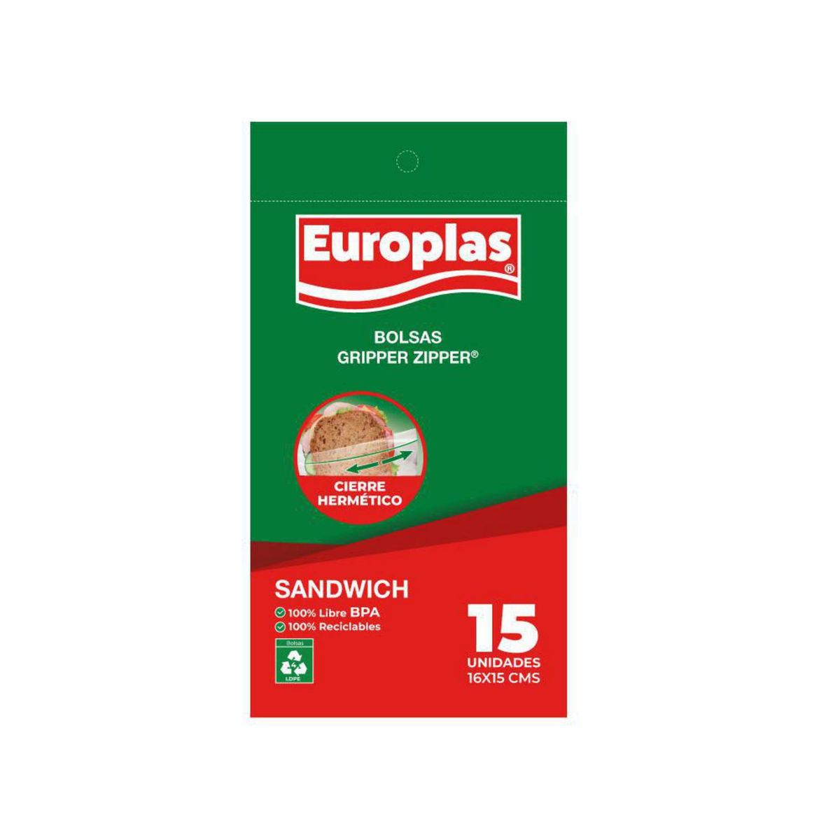 EUROPLAS - Bolsas Sandwich Europlas Gripper Zipper 500 Ml 15 Unidades