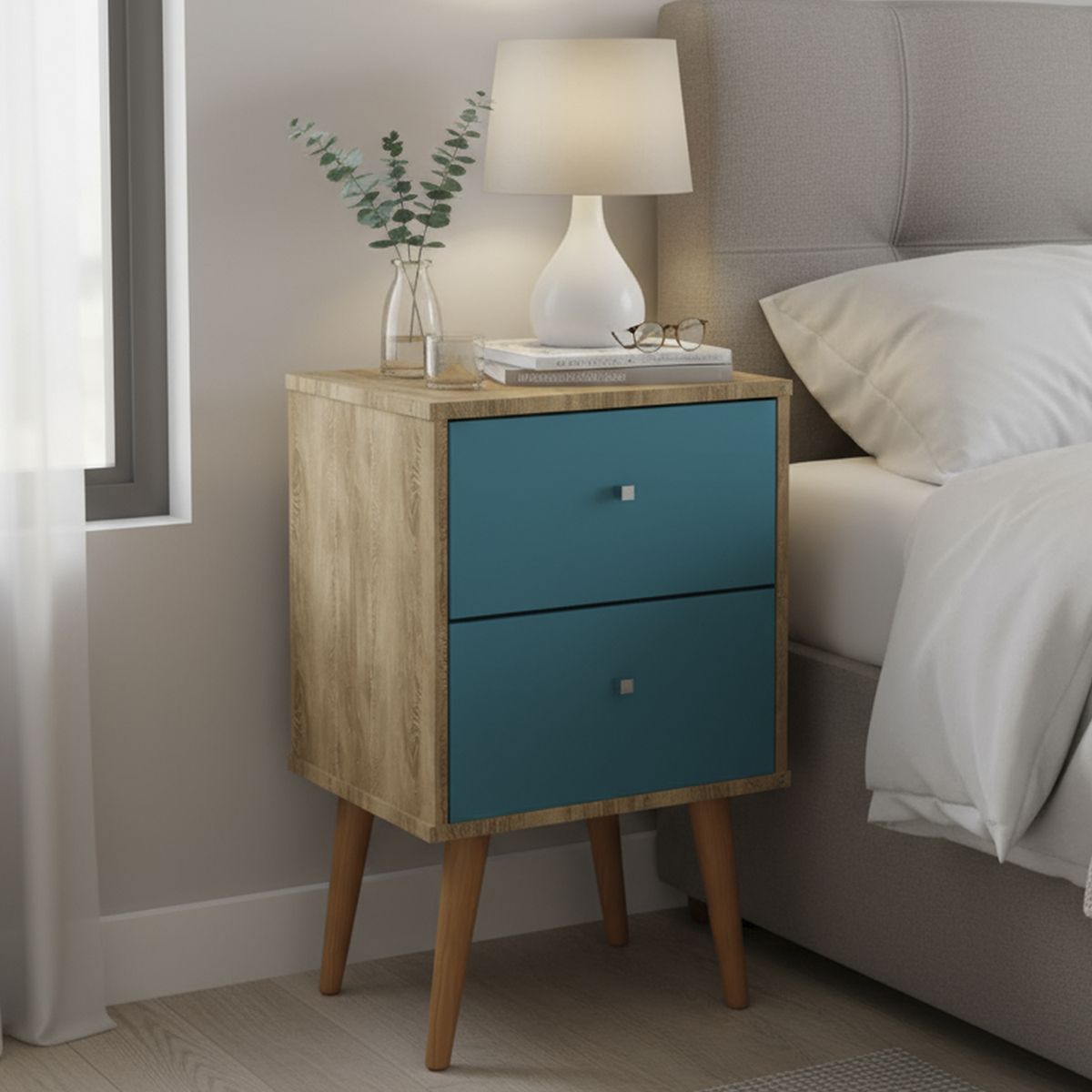 HOGA - Velador 2 Cajón(es) Rústico 45x69x36 cm Azul/Marrón