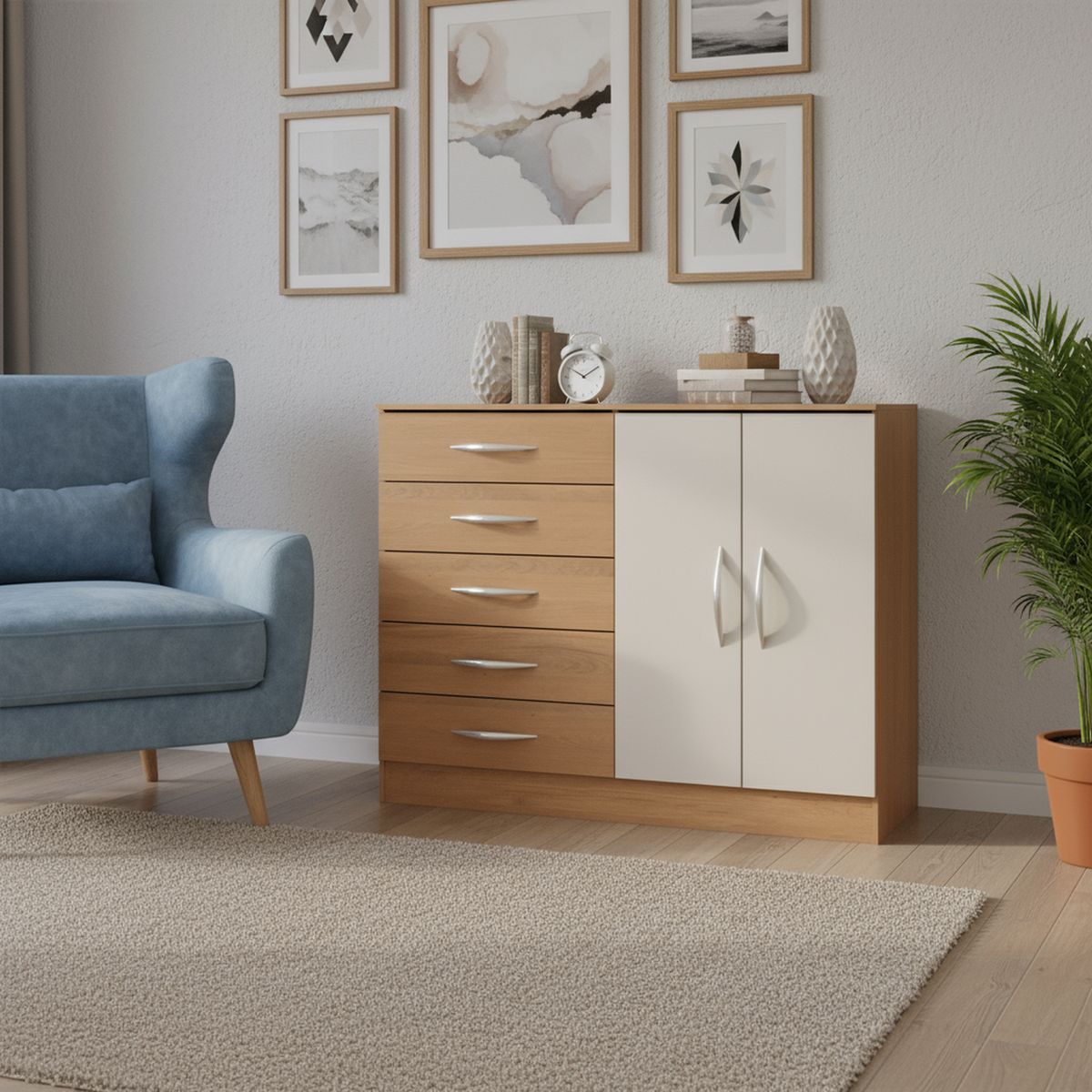 HOGA - Cómoda 2 Puertas 5 Cajón(es) Laura 119x93x38 cm Marrón Claro