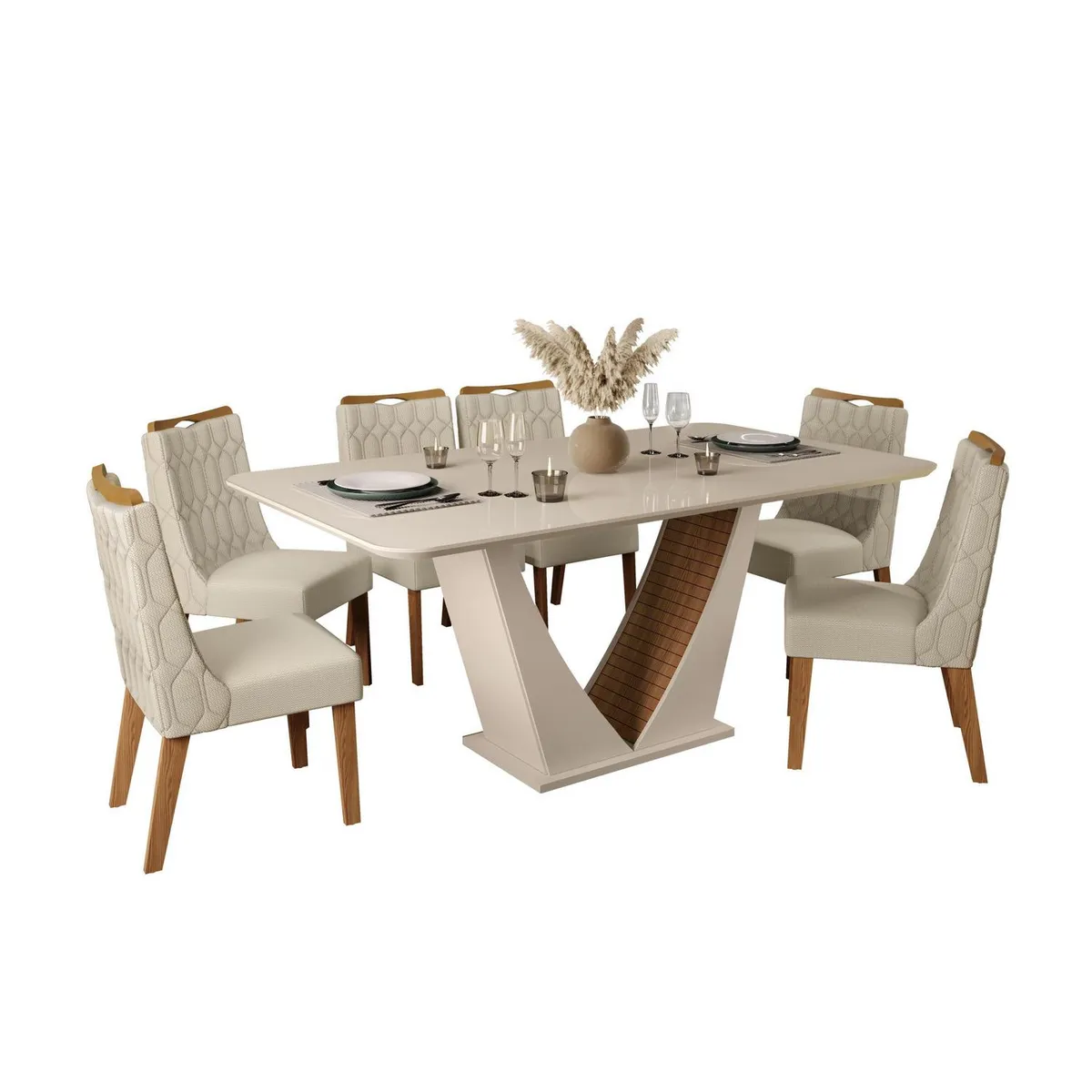 ALTAVISION - Juego de Comedor Freijo 6 Sillas Mesa Rectangular 90x80x170 cm Crema