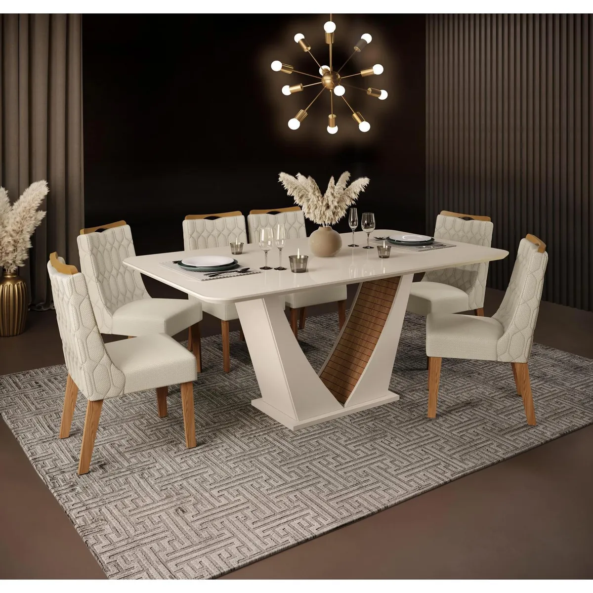 ALTAVISION - Juego de Comedor Freijo 6 Sillas Mesa Rectangular 90x80x170 cm Crema