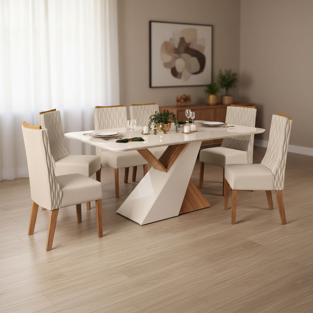 ALTAVISION - Juego de Comedor Carvalho 6 Sillas Mesa Rectangular 90x120x80 cm Blanco/Café