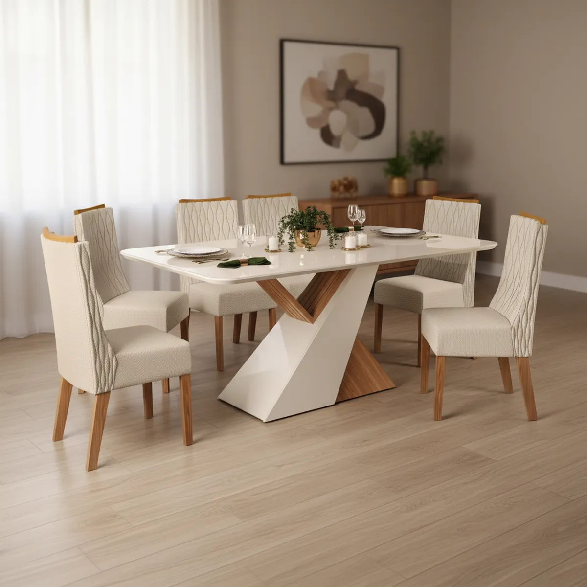 ALTAVISION - Juego de Comedor Carvalho 6 Sillas Mesa Rectangular 90x120x80 cm Blanco/Café