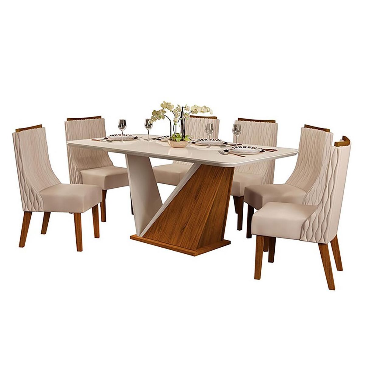 ALTAVISION - Juego de Comedor Freijo 6 Sillas Mesa Rectangular 90x81,5x180 cm Beige