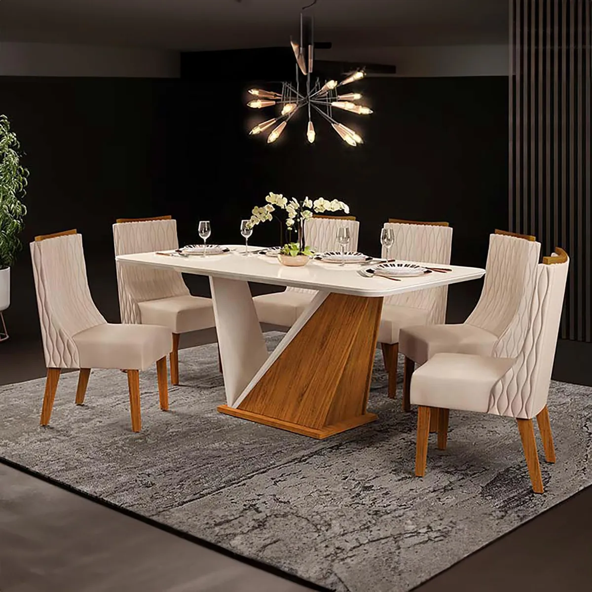 ALTAVISION - Juego de Comedor Freijo 6 Sillas Mesa Rectangular 90x81,5x180 cm Beige