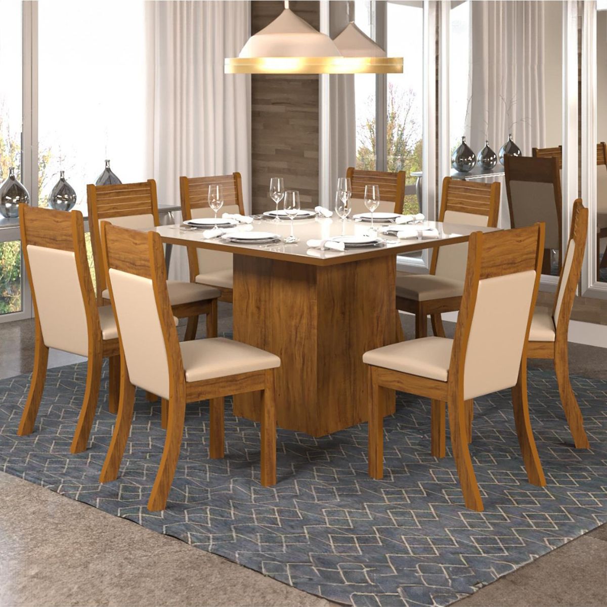 ALTAVISION - Juego de Comedor Chane 8 Sillas Mesa Cuadrada 120x79x120 cm Café/Blanco