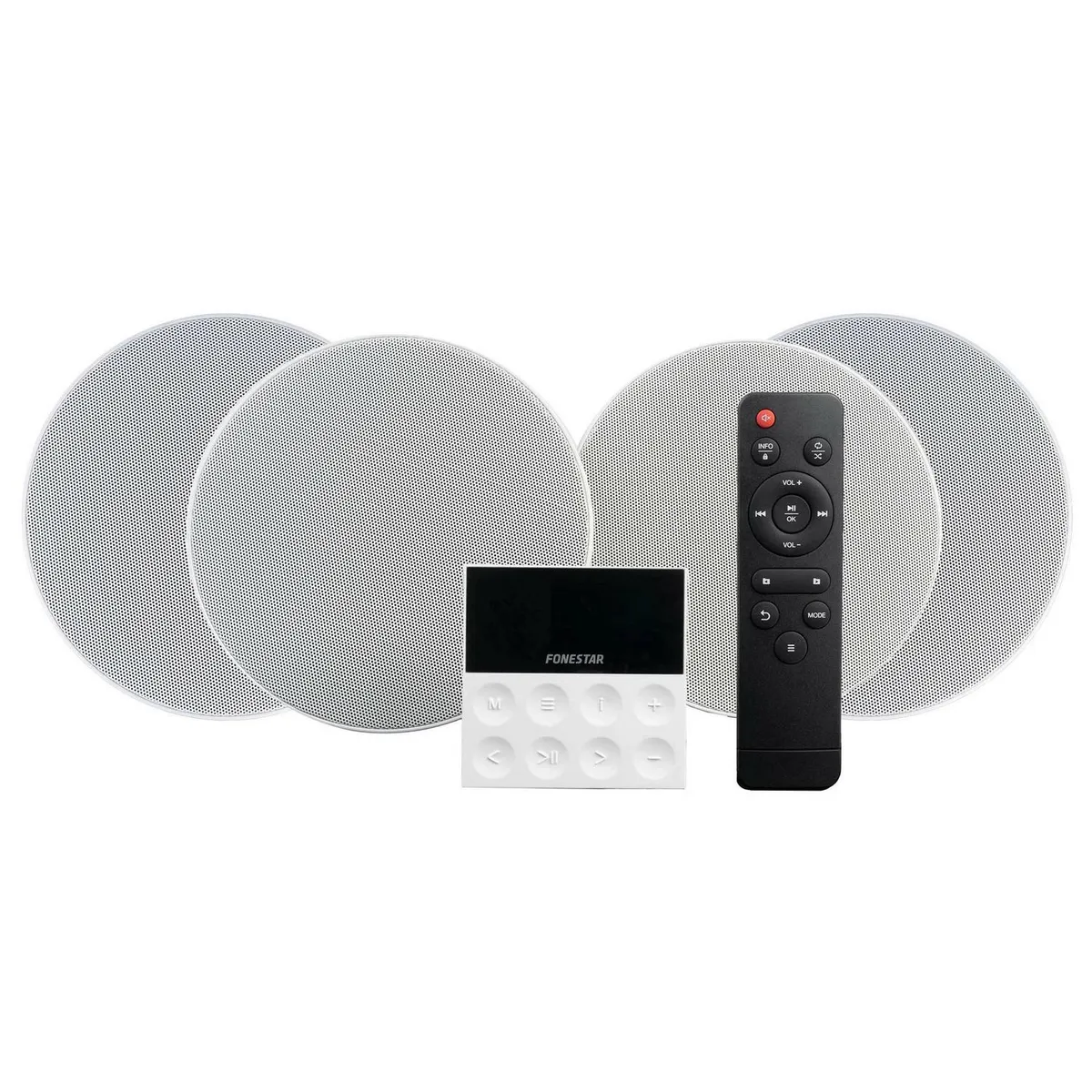 FONESTAR - Kit Audio completo 4 parlantes x 10W Bluetooth USB SD MP3 RADIO Control remoto