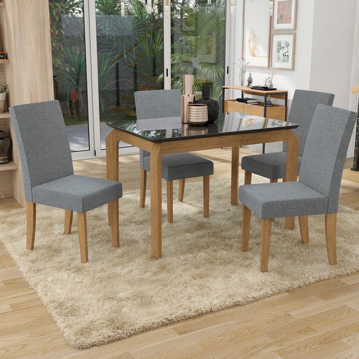 HOGA - Juego de Comedor Guine 4 Sillas Mesa Rectangular 80x80x120 cm Marrón/Negro