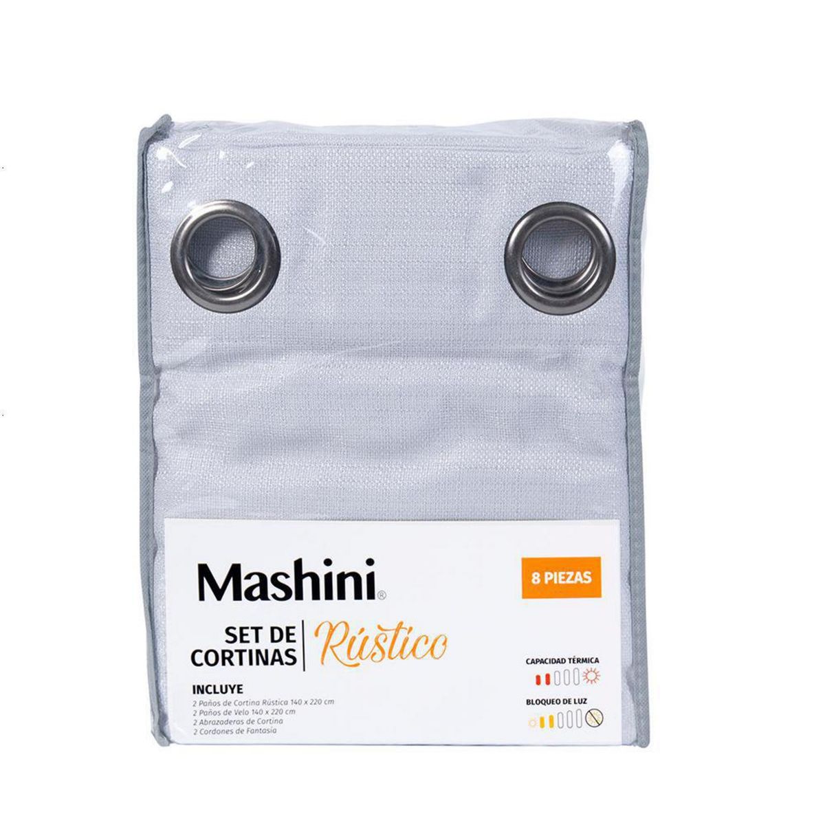 MASHINI - Set Cortina Jqd Rustica 8 Piezas Argolla 140x220 cm Gris