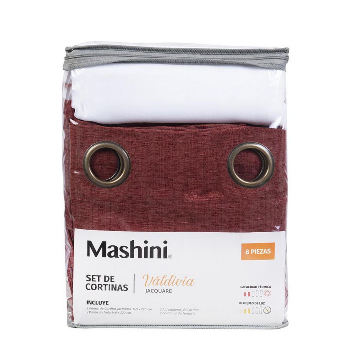 MASHINI - Set Cortina Jqd 8 Piezas Argolla 140x220 cm Rojo Valdivia