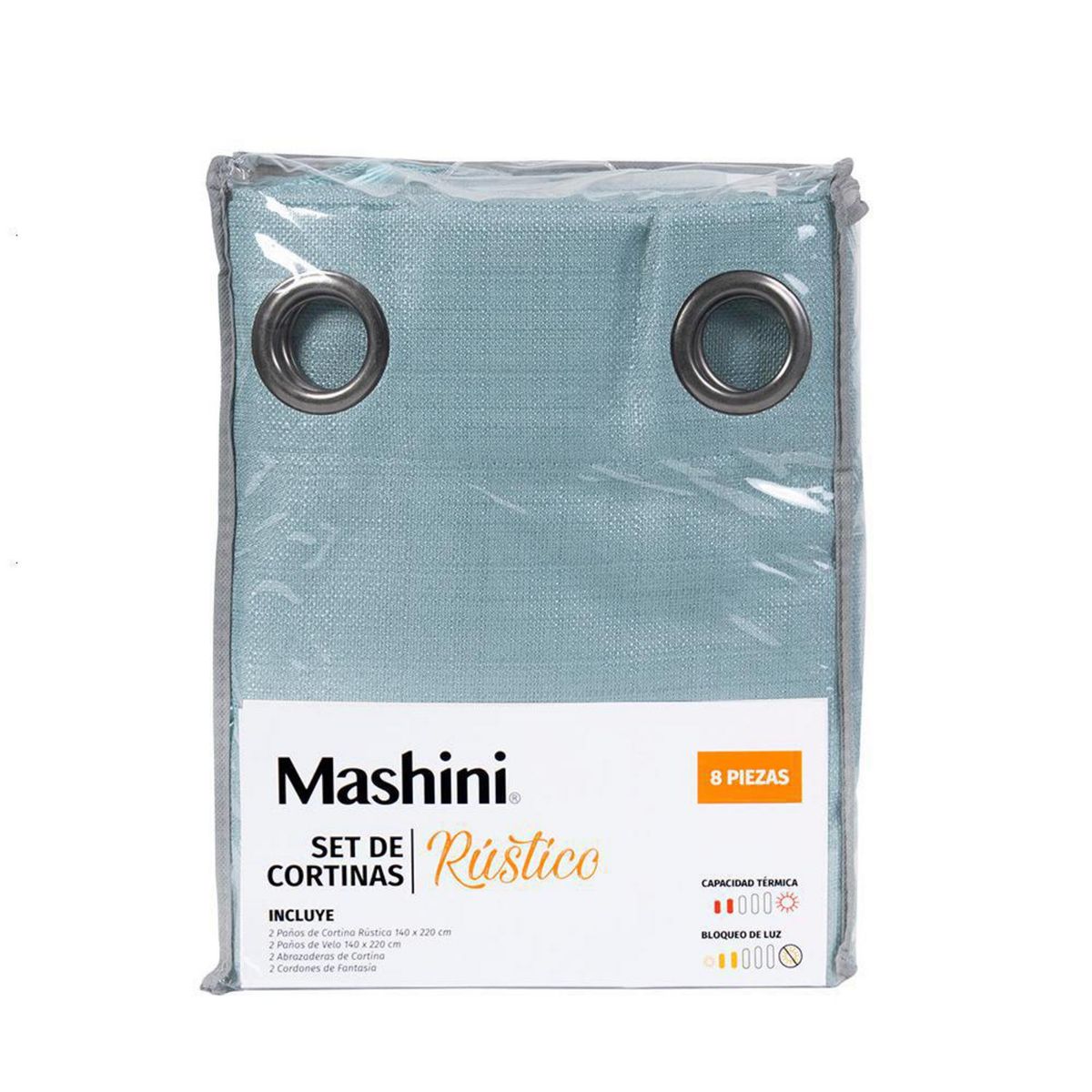 MASHINI - Set Cortina Jqd Rustica 8 Piezas Argolla 140x220 cm Turquesa