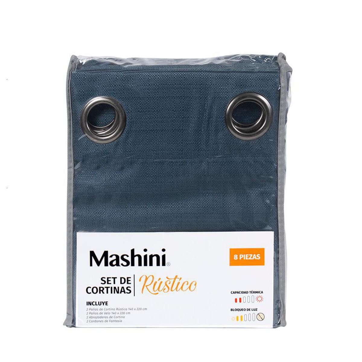 MASHINI - Set Cortina Jqd Rustica 8 Piezas Argolla 140x220 cm Azul