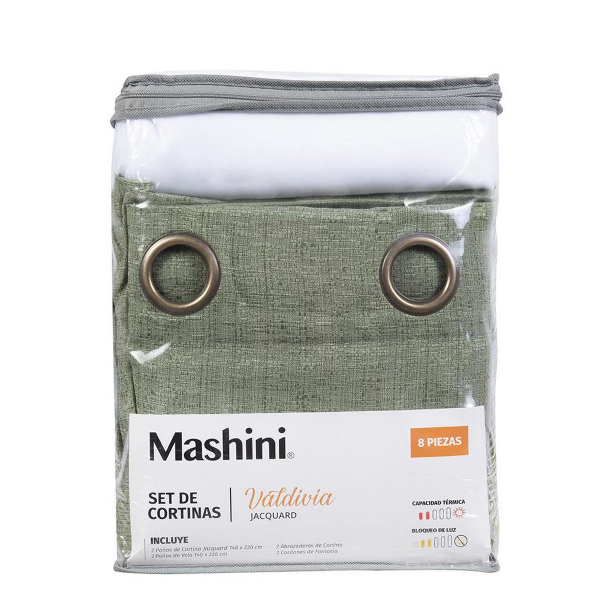 MASHINI - Set Cortina Jqd 8 Piezas Argolla 140x220 cm Verde Valdivia