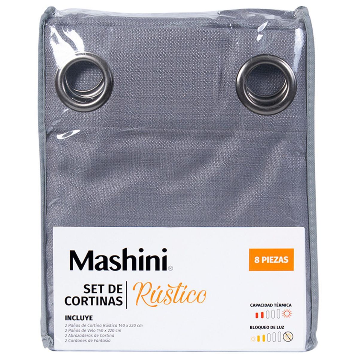 MASHINI - Set Cortina Jqd Rustica 8 Piezas Argolla 140x220 cm Taupe