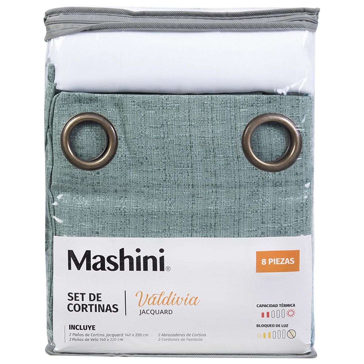 MASHINI - Set Cortina Jqd 8 Piezas Argolla 140x220 cm Turquesa Valdivia