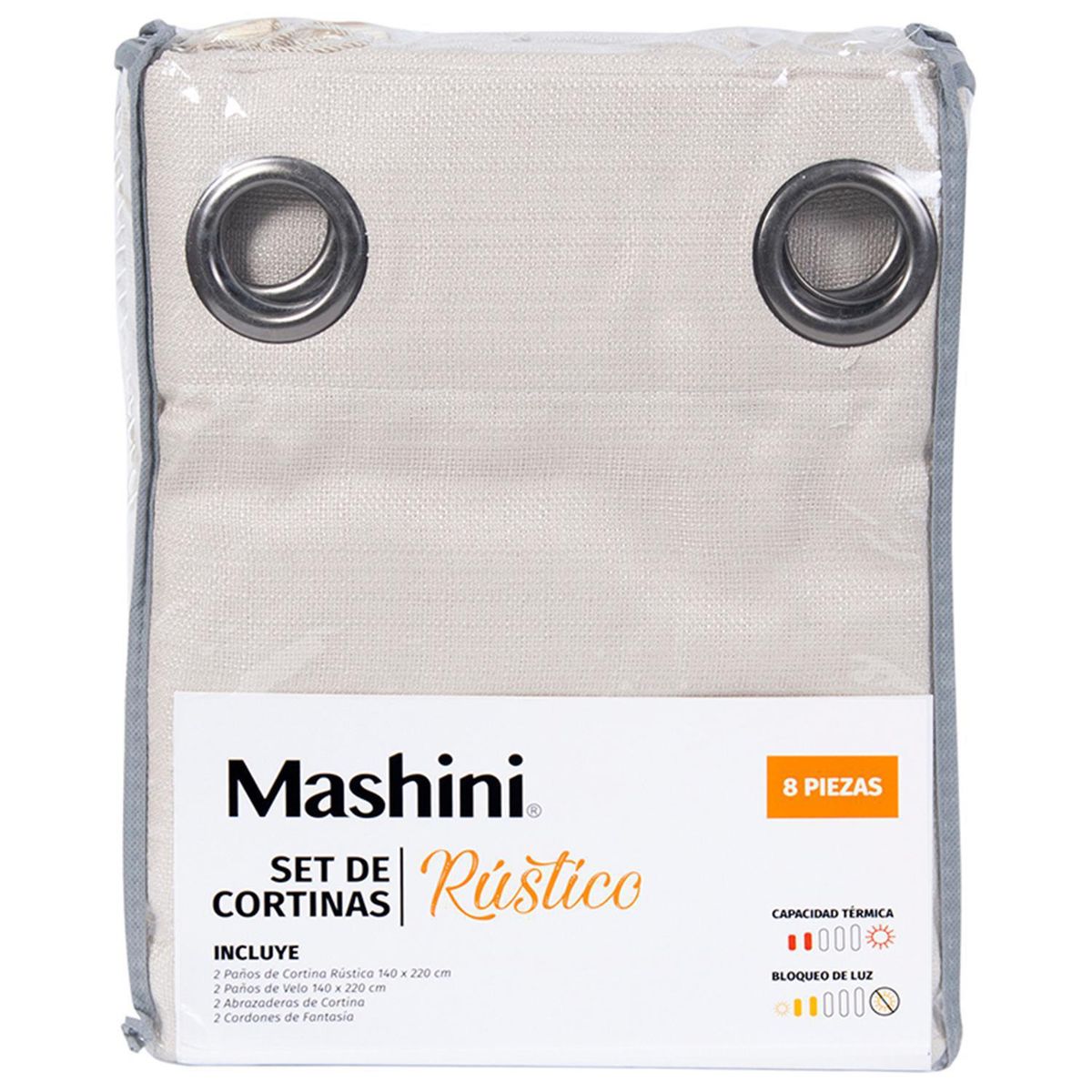 MASHINI - Set Cortina Jqd Rustica 8 Piezas Argolla 140x220 cm cm Beige
