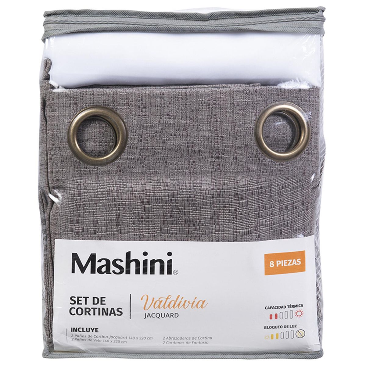 MASHINI - Set Cortina Jqd 8 Piezas Argolla 140x220 cm Taupe Valdivia