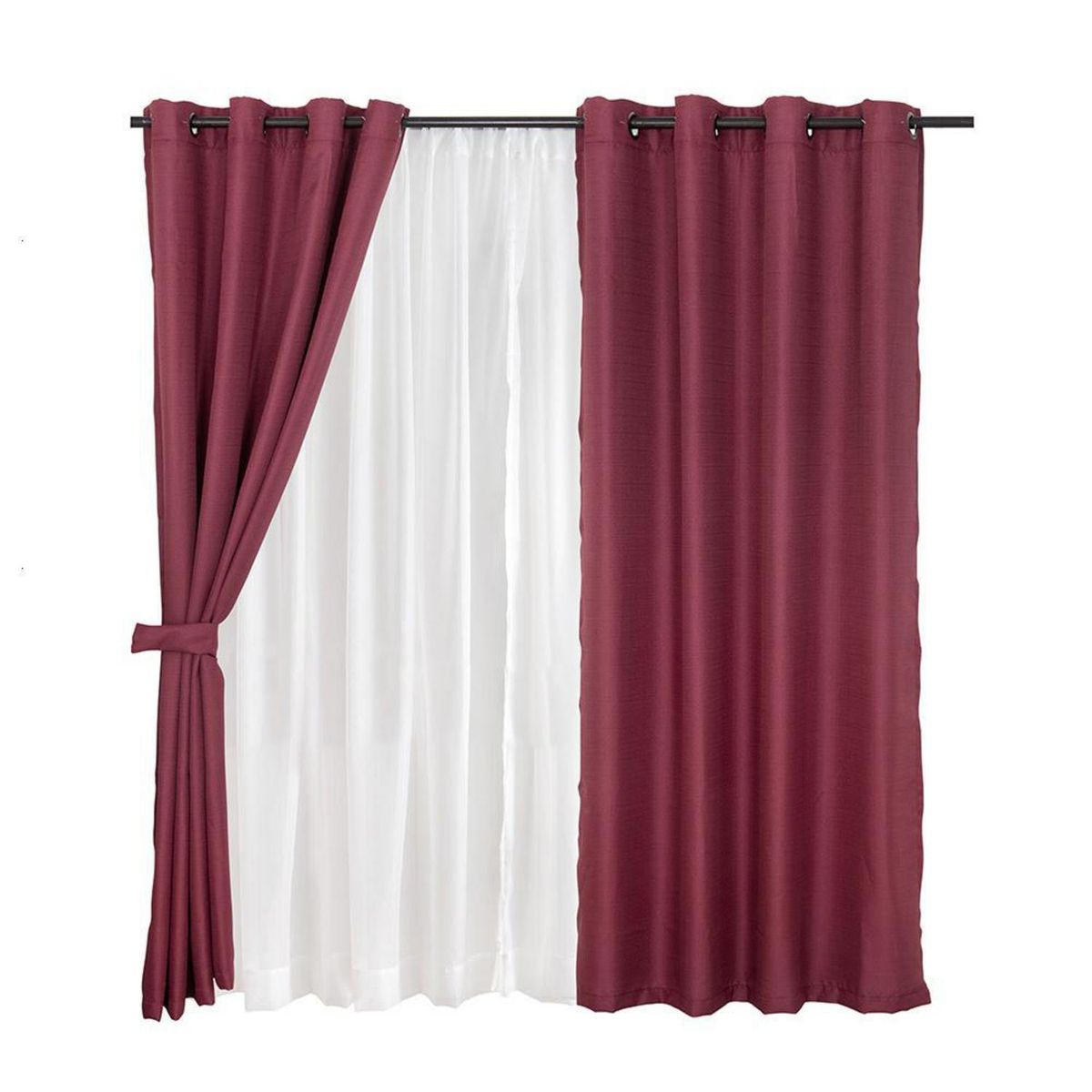 MASHINI - Set Cortina Jqd Rustica 8 Piezas Argolla 140x220 cm Burdeo