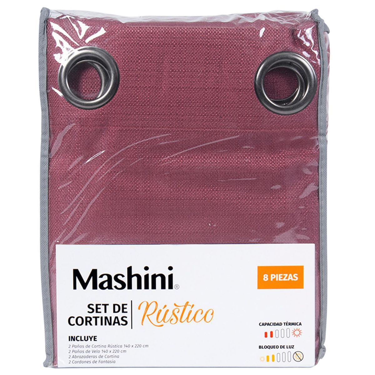 MASHINI - Set Cortina Jqd Rustica 8 Piezas Argolla 140x220 cm Burdeo