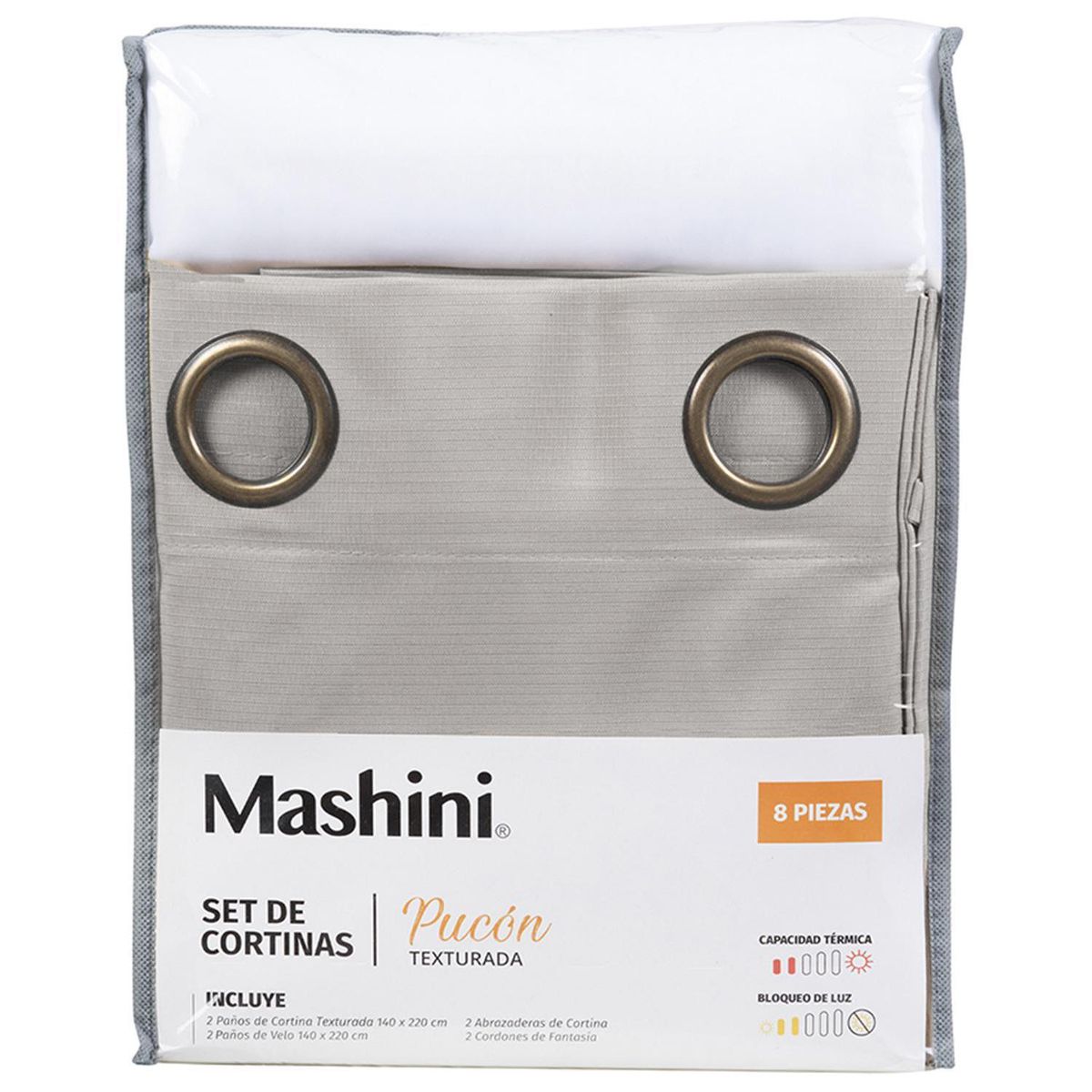MASHINI - Set Cortina 8 Piezas Argolla 140x220 cm Gris Pucón