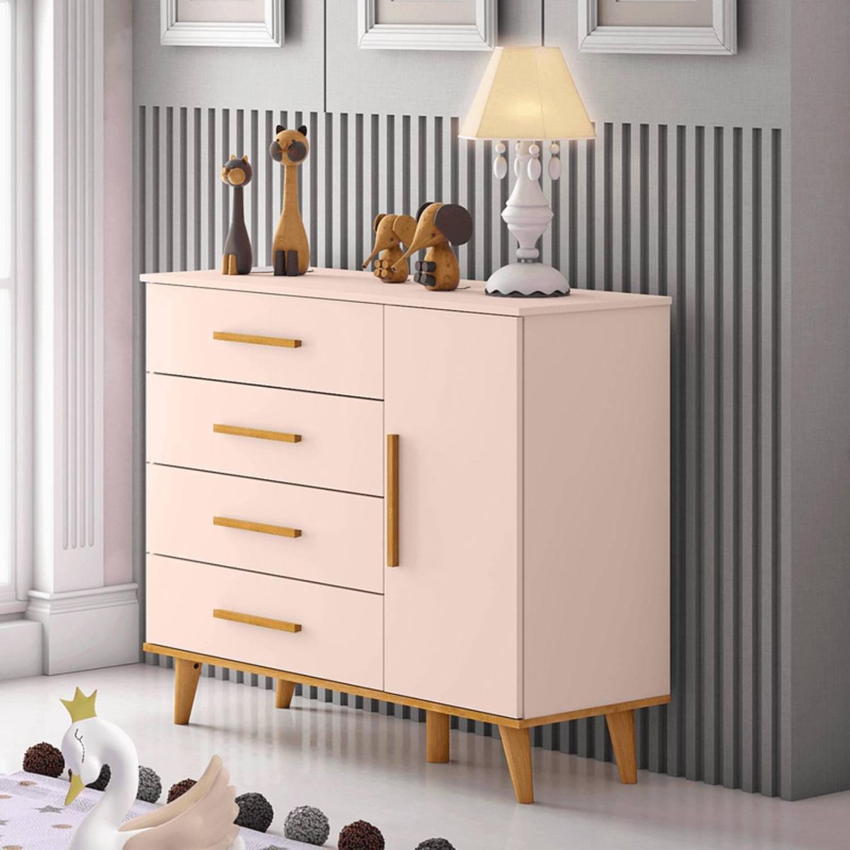 BE DESIGN - Cómoda 1 Puerta 4 Cajón(es) Ludmila 112x92x41 cm Rosado