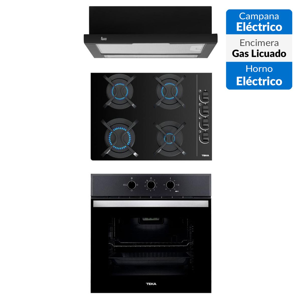 TEKA - Combo Horno+Encimera Cristalgas 4P+campana Extraible Negra