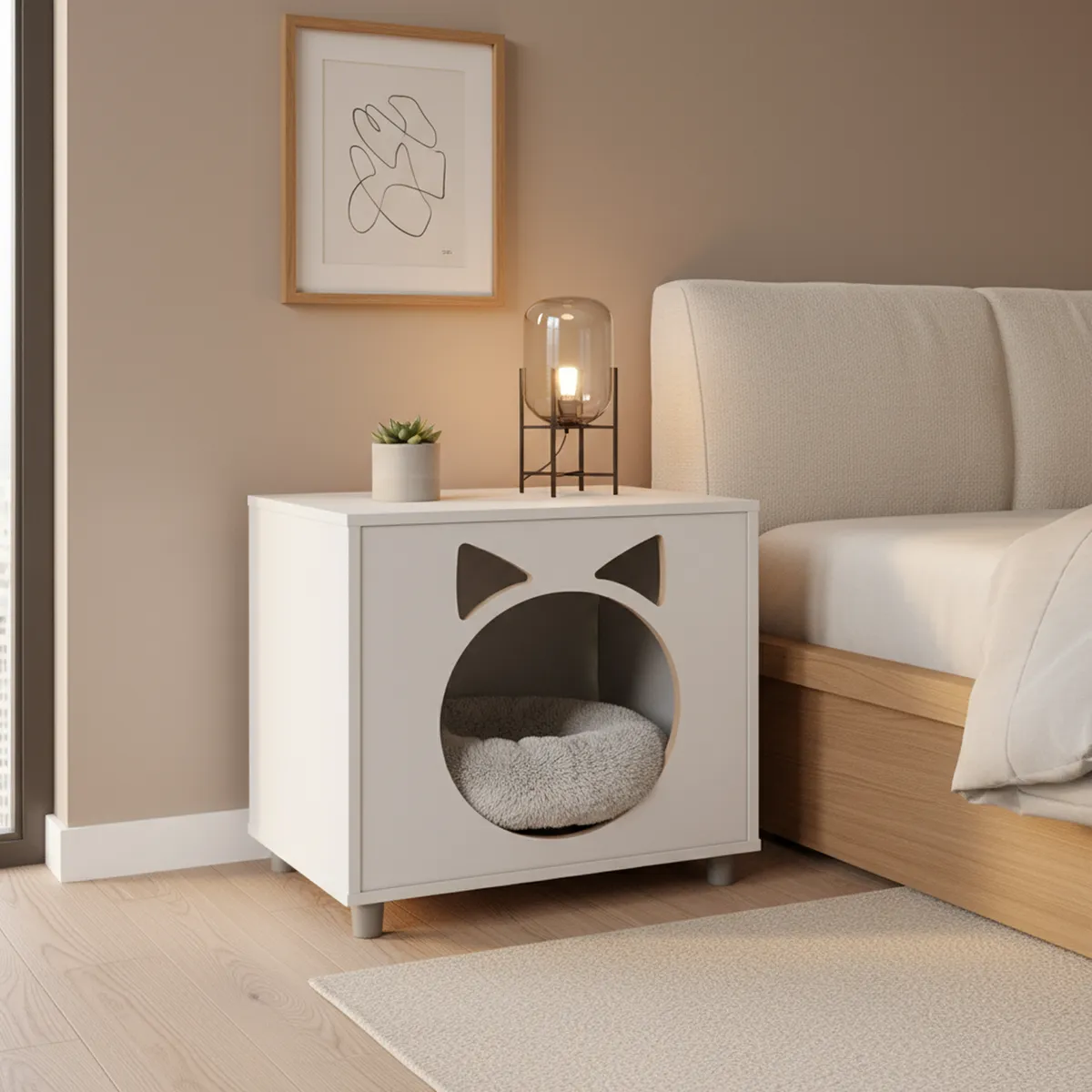 BE DESIGN - Velador Pet con Cojín para Gato 53x54x36 cm Blanco