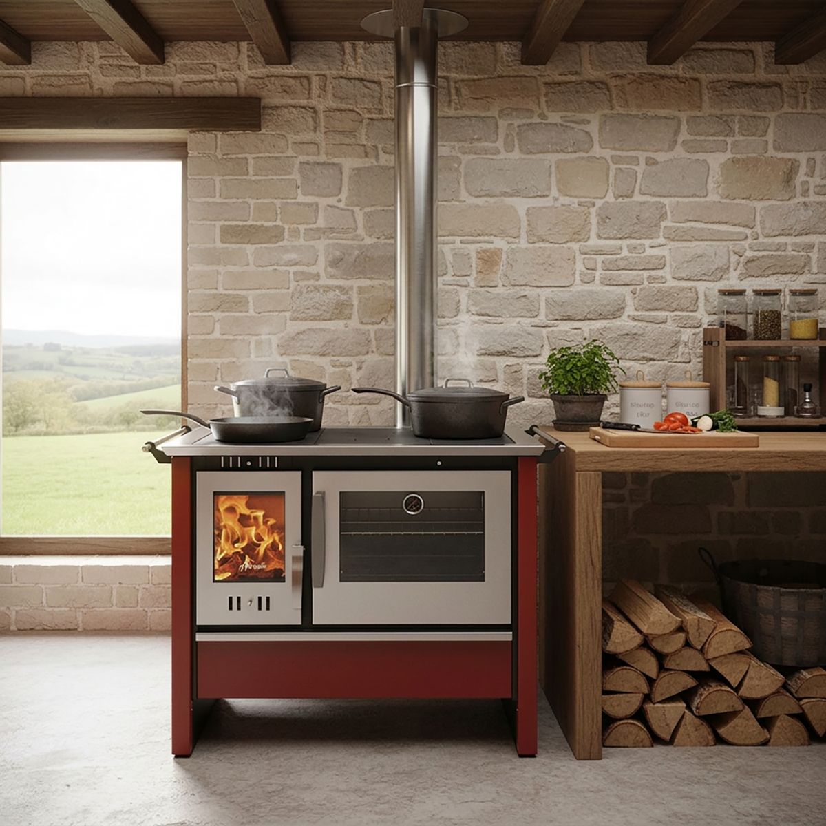 AMESTI - Cocina a Leña 4 Platos Rojo Allegra