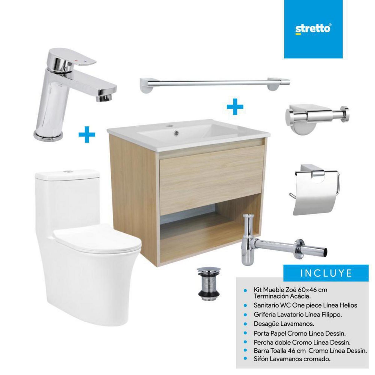 STRETTO - Combo Baño Deluxe Mueble/WC One Piece/Lavamanos/Accesorios