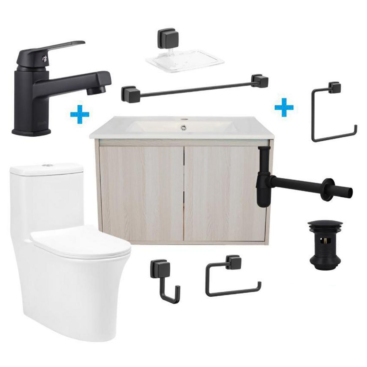 STRETTO - Combo Baño Black Mueble/WC One Piece/Lavamanos/Accesorios