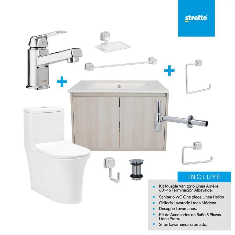 Combo Baño Cromo Mueble/WC One Piece/Lavamanos/Accesorios