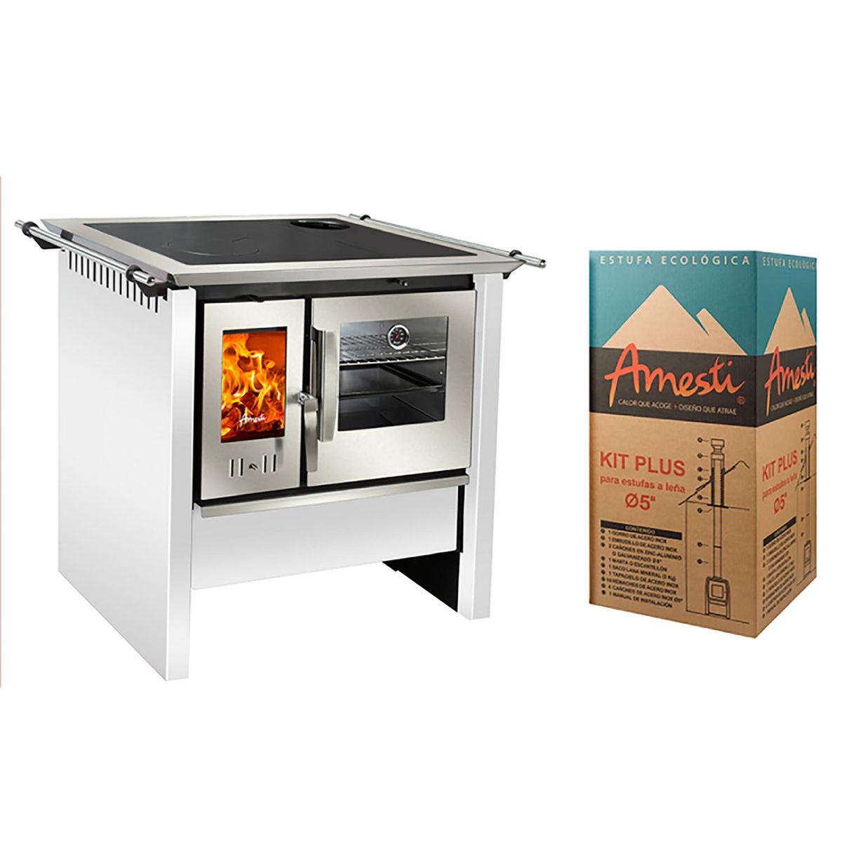 AMESTI - Cocina a Leña 1 Platos Blanco COCINA A LEÑA ALLEGRA BLANCA + KIT DE INSTALACIÓN 5"