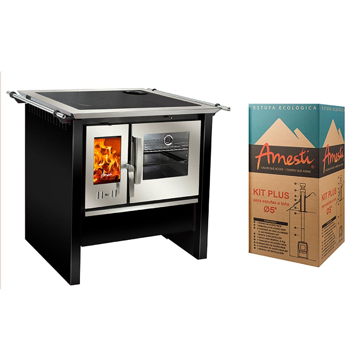 AMESTI - Cocina a Leña 1 Platos Negro COCINA A LEÑA ALLEGRA NEGRA + KIT DE INSTALACIÓN 5"