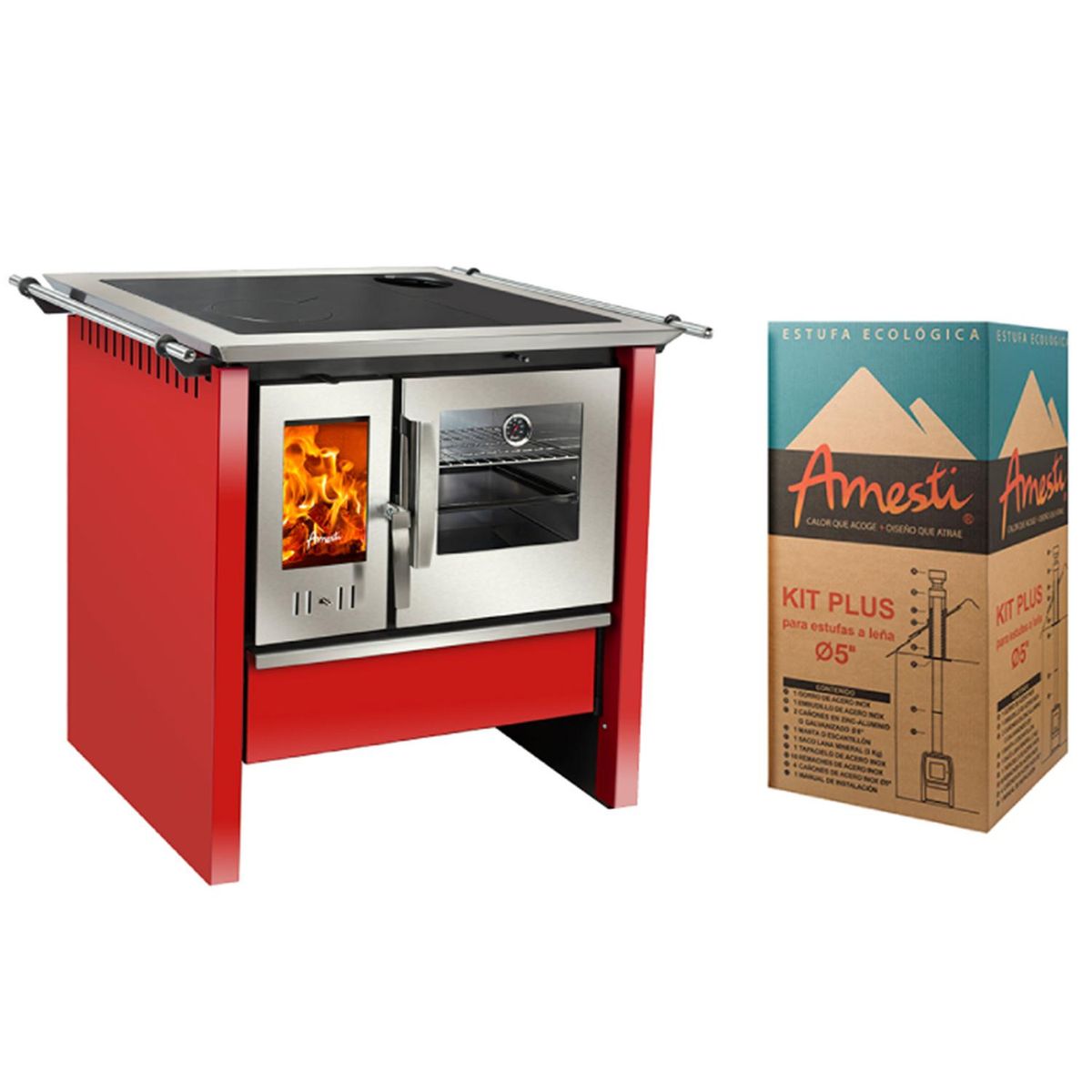 AMESTI - Cocina a Leña 1 Platos Rojo COCINA A LEÑA ALLEGRA ROJA + KIT DE INSTALACIÓN 5''