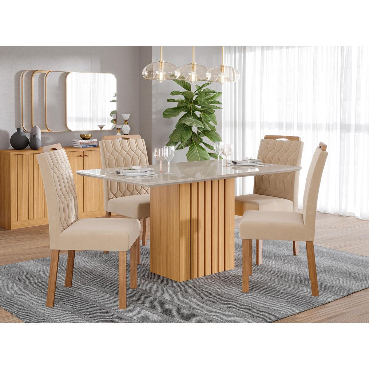 DECOCASA - Juego de Comedor Pao 4 Sillas Mesa Rectangular 80x78x130 cm Off White