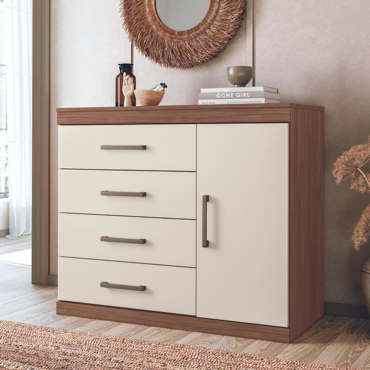 ONESSTA - Cómoda 1 Puerta 4 Cajón 94,7x81,6x46,8 cm Beige y Café