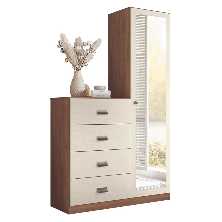 Cómoda 1 Puerta 4 Cajón 106,9x180x39,5 cm Beige y Café