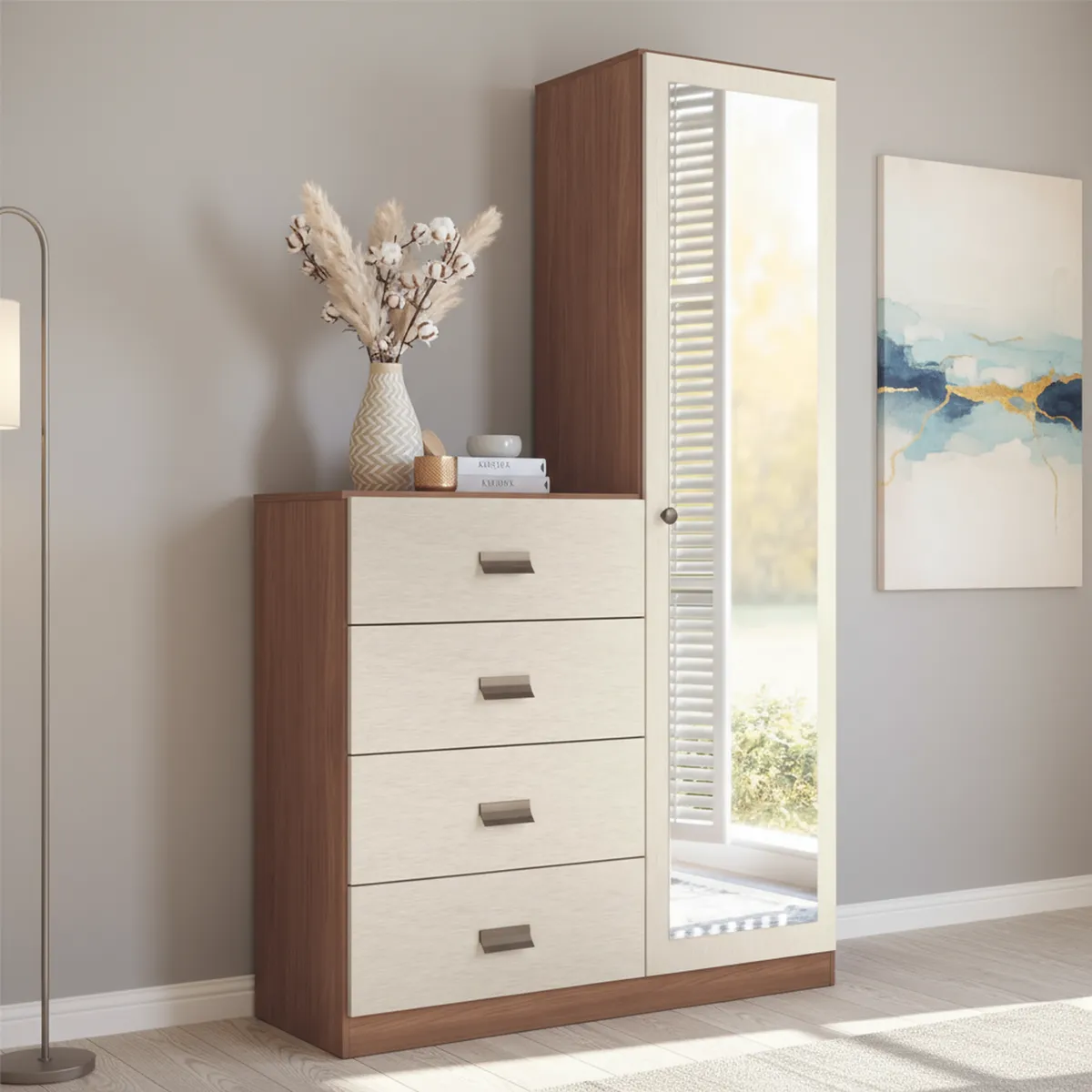 ONESSTA - Cómoda 1 Puerta 4 Cajón 106,9x180x39,5 cm Beige y Café