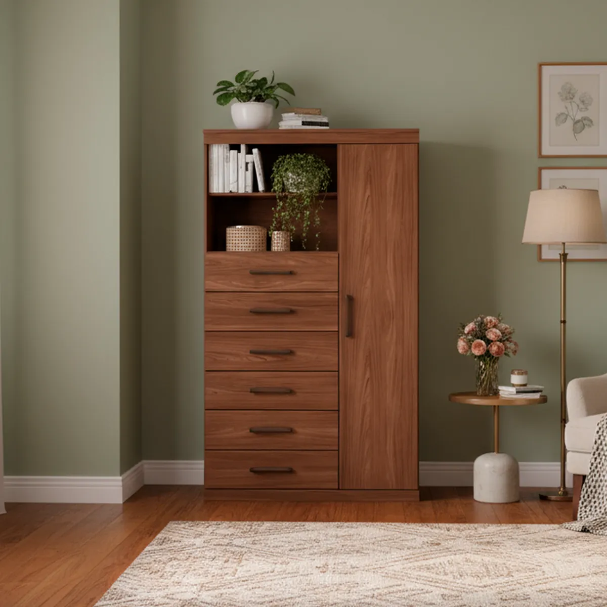 ONESSTA - Cómoda 1 Puerta 6 Cajón 96,2x163,5x40 cm Café