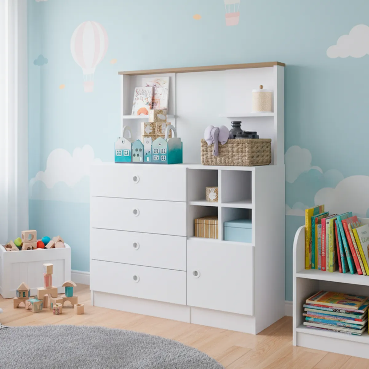 KIDSCOOL - Cómoda 1 Puerta 4 Cajón 89x116x38 cm Blanco