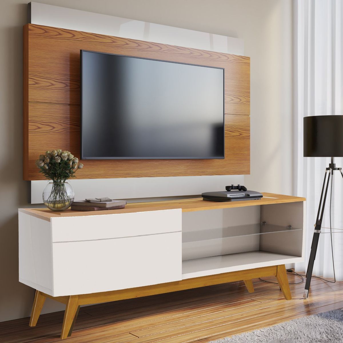 BE DESIGN - Rack TV 55 " Classic Blanco/Caramelo 146x52x40.3 cm