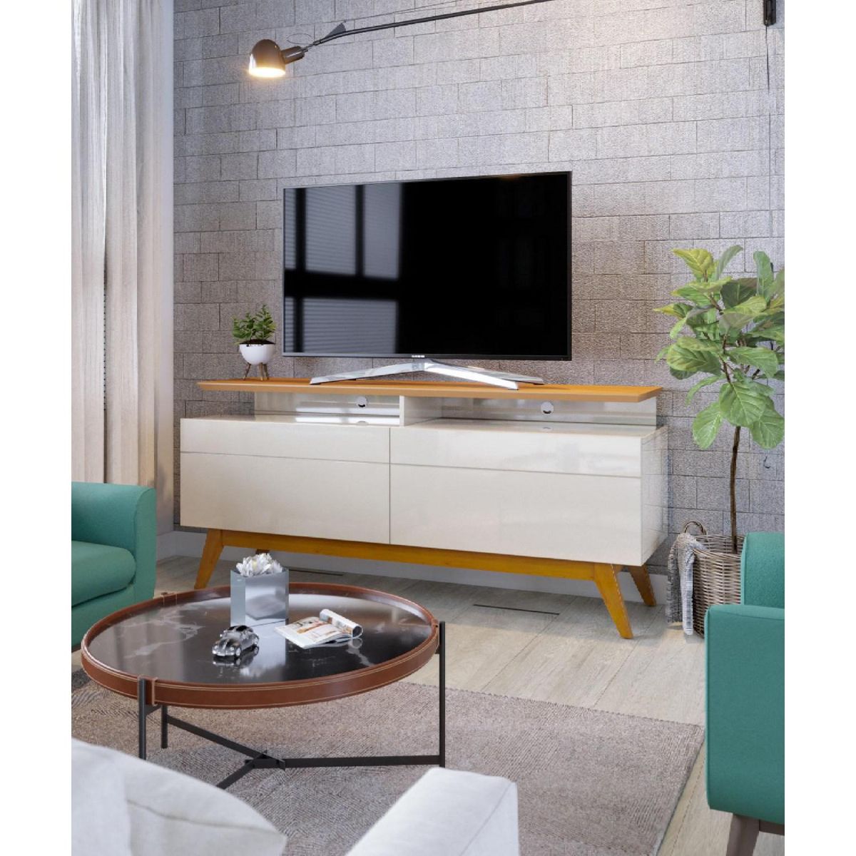 BE DESIGN - Rack TV 55 " Plus Blanco/Caramelo 146x63.5x40.3 cm